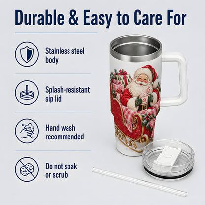 Santa Christmas Sleigh 40oz Handled Tumbler, Festive Cocoa Cup Design
