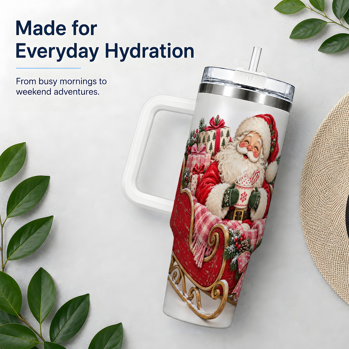 Santa Christmas Sleigh 40oz Handled Tumbler, Festive Cocoa Cup Design