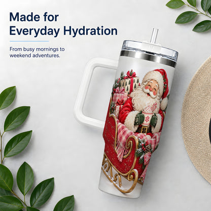 Santa Christmas Sleigh 40oz Handled Tumbler, Festive Cocoa Cup Design
