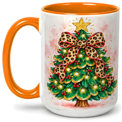 #pl[15oz|Orange] Leopard Print Christmas Tree Accent Mug, Ceramic Holiday Cup