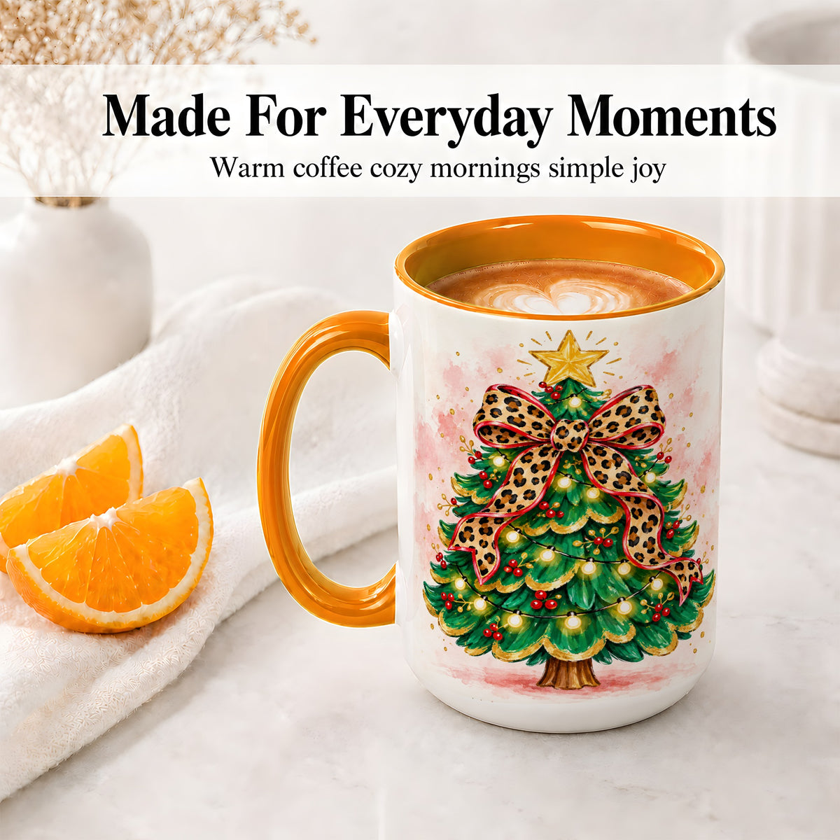 #pl[15oz|Orange] Leopard Print Christmas Tree Accent Mug, Ceramic Holiday Cup