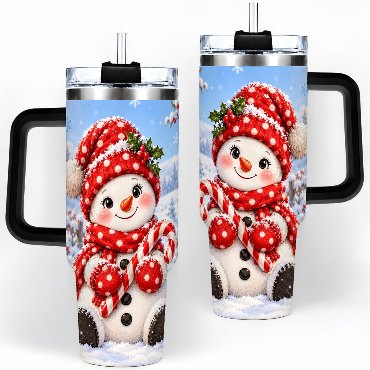 #pl[40oz|Black] Cute Christmas Snowman 40oz Handled Tumbler, Red Polka Dot Holiday Art