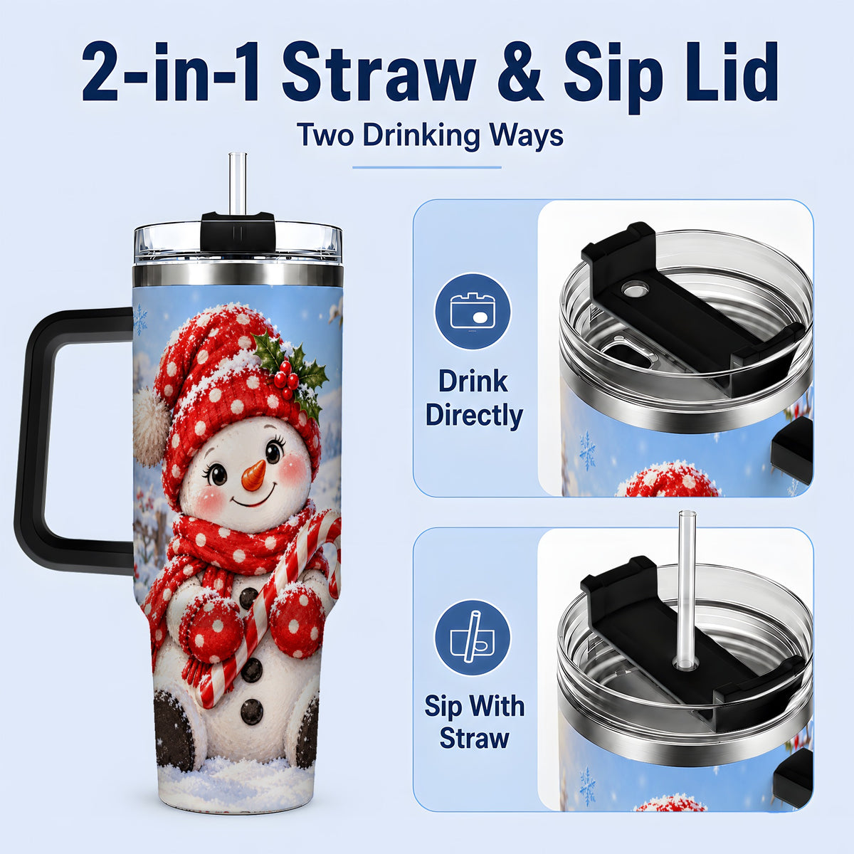 #pl[40oz|Black] Cute Christmas Snowman 40oz Handled Tumbler, Red Polka Dot Holiday Art