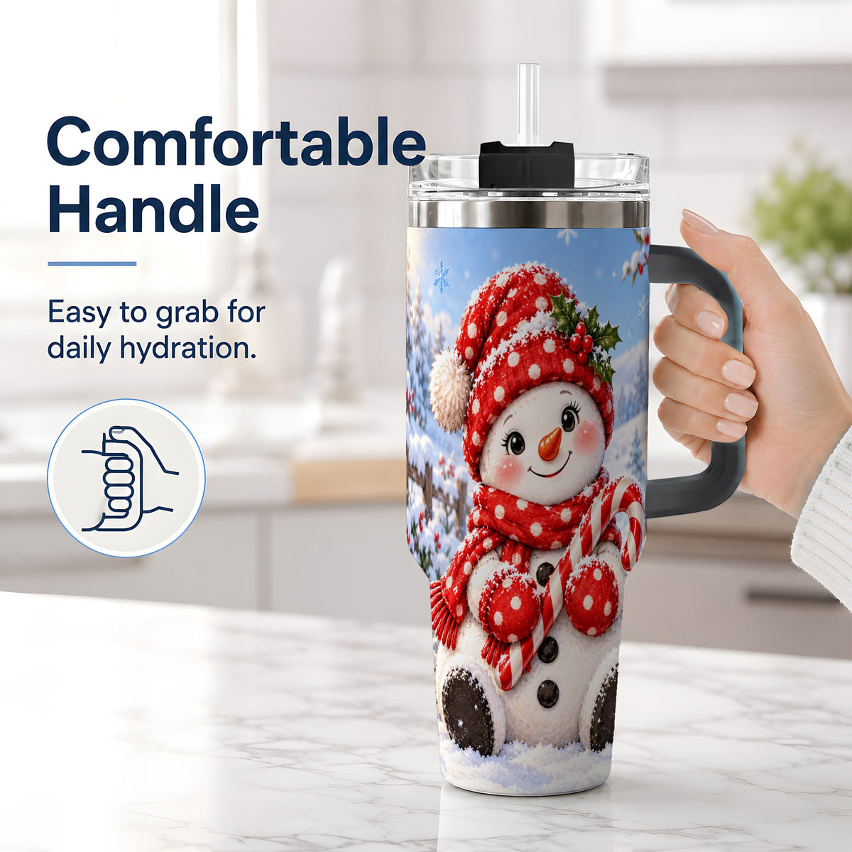 #pl[40oz|Black] Cute Christmas Snowman 40oz Handled Tumbler, Red Polka Dot Holiday Art