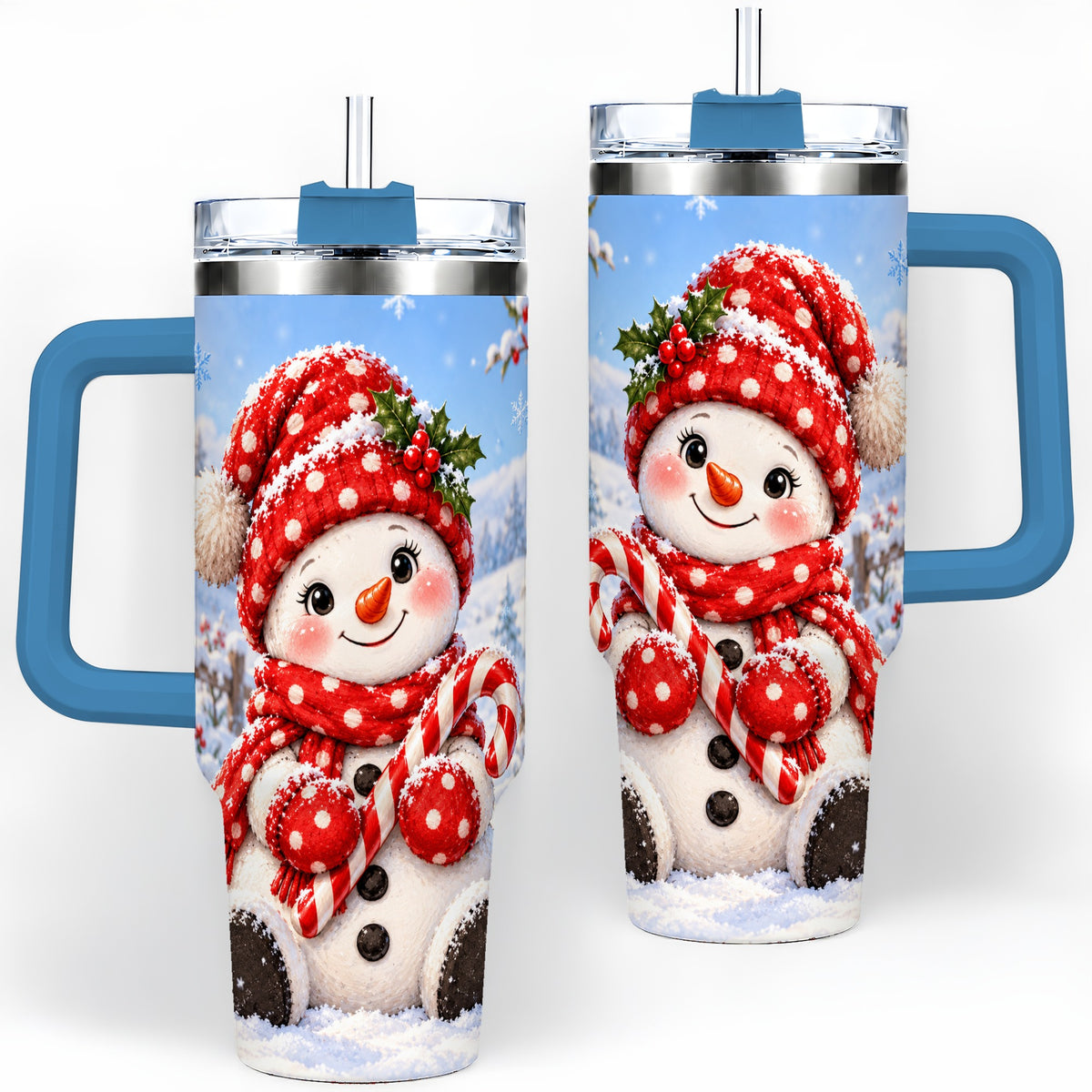 #pl[40oz|Blue] Cute Christmas Snowman 40oz Handled Tumbler, Red Polka Dot Holiday Art