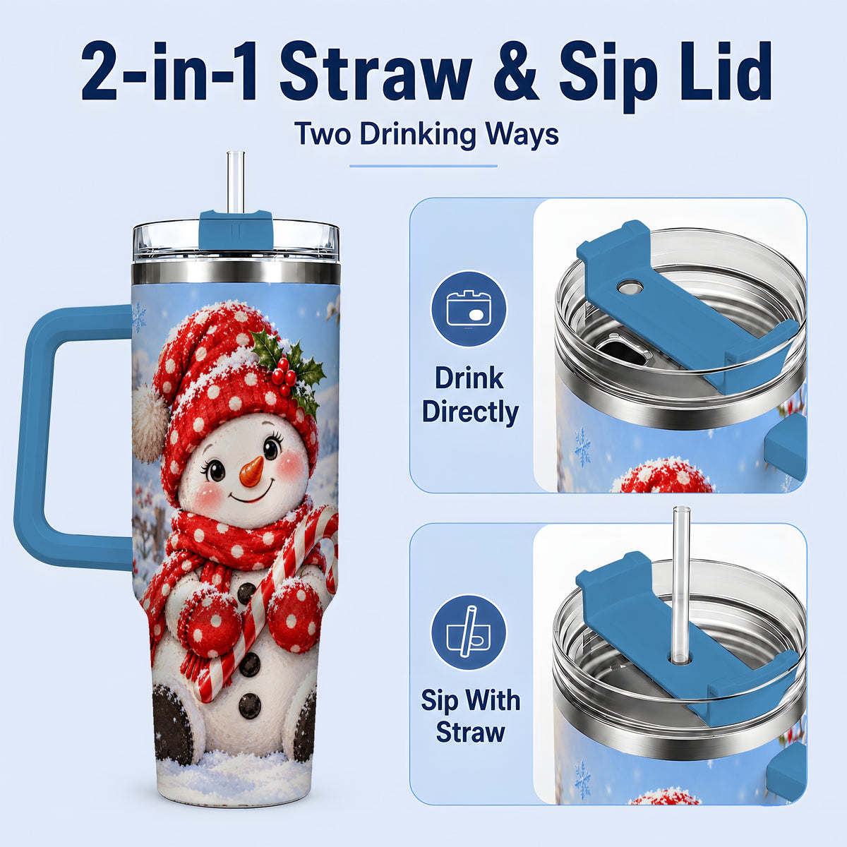 #pl[40oz|Blue] Cute Christmas Snowman 40oz Handled Tumbler, Red Polka Dot Holiday Art