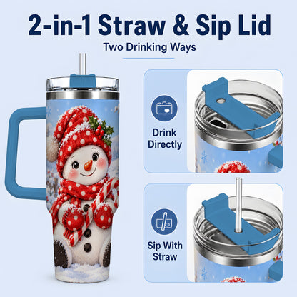 #pl[40oz|Blue] Cute Christmas Snowman 40oz Handled Tumbler, Red Polka Dot Holiday Art