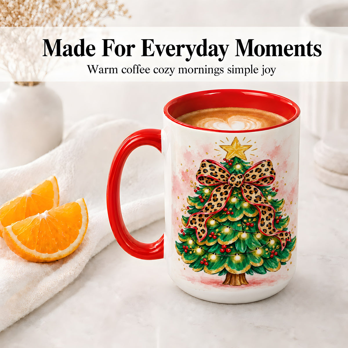 #pl[15oz|Red] Leopard Print Christmas Tree Accent Mug, Ceramic Holiday Cup