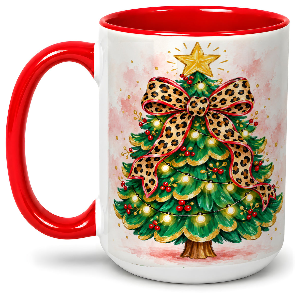 #pl[15oz|Red] Leopard Print Christmas Tree Accent Mug, Ceramic Holiday Cup