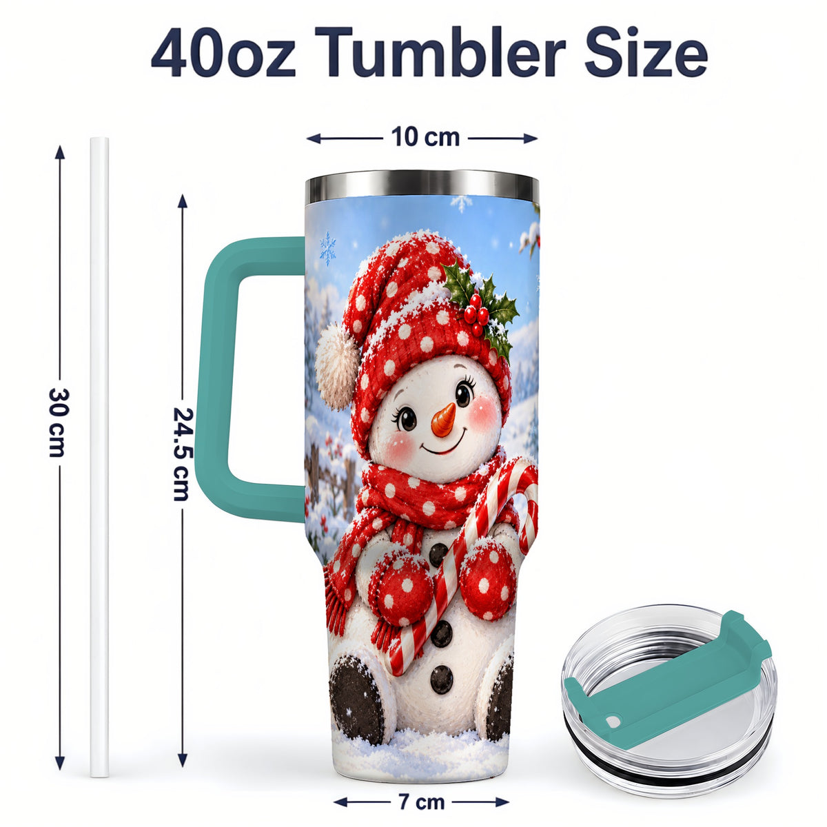 #pl[40oz|Green] Cute Christmas Snowman 40oz Handled Tumbler, Red Polka Dot Holiday Art