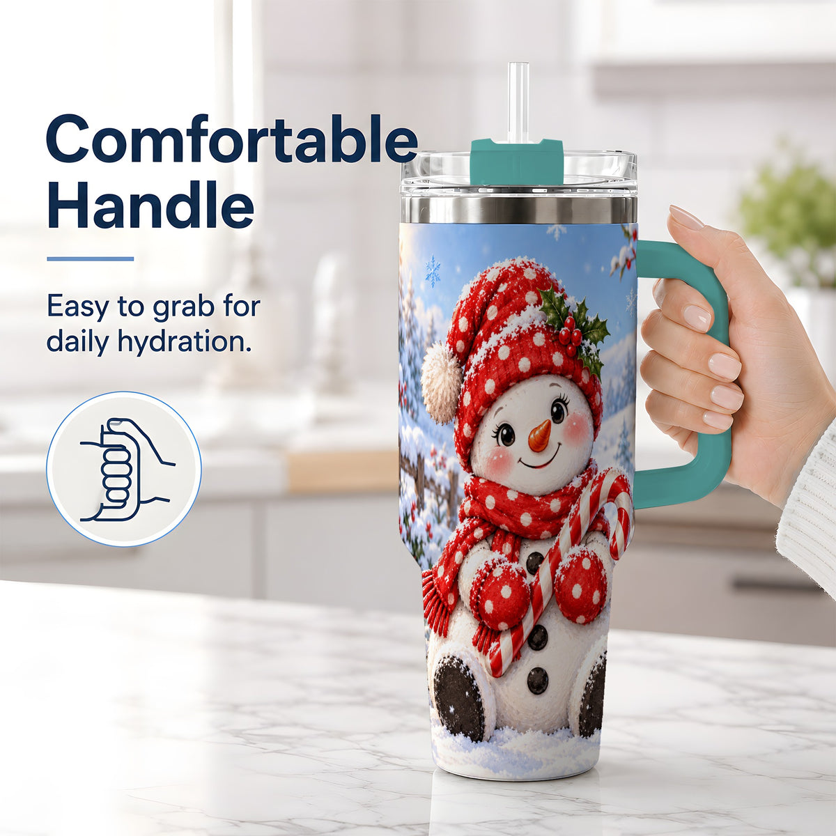 #pl[40oz|Green] Cute Christmas Snowman 40oz Handled Tumbler, Red Polka Dot Holiday Art