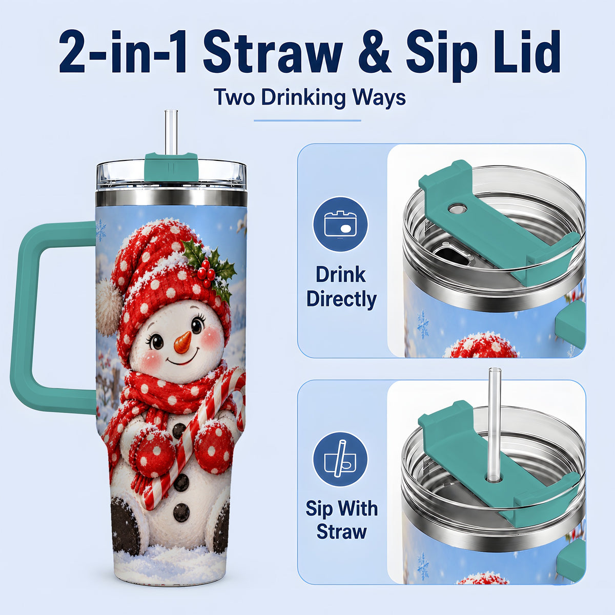 #pl[40oz|Green] Cute Christmas Snowman 40oz Handled Tumbler, Red Polka Dot Holiday Art
