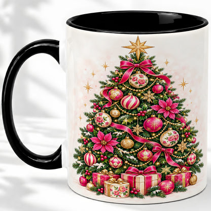 #pl[11oz|Black] Pink Floral Christmas Tree Accent Mug, Ceramic Holiday Coffee Cup