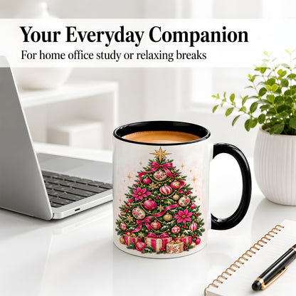 #pl[11oz|Black] Pink Floral Christmas Tree Accent Mug, Ceramic Holiday Coffee Cup