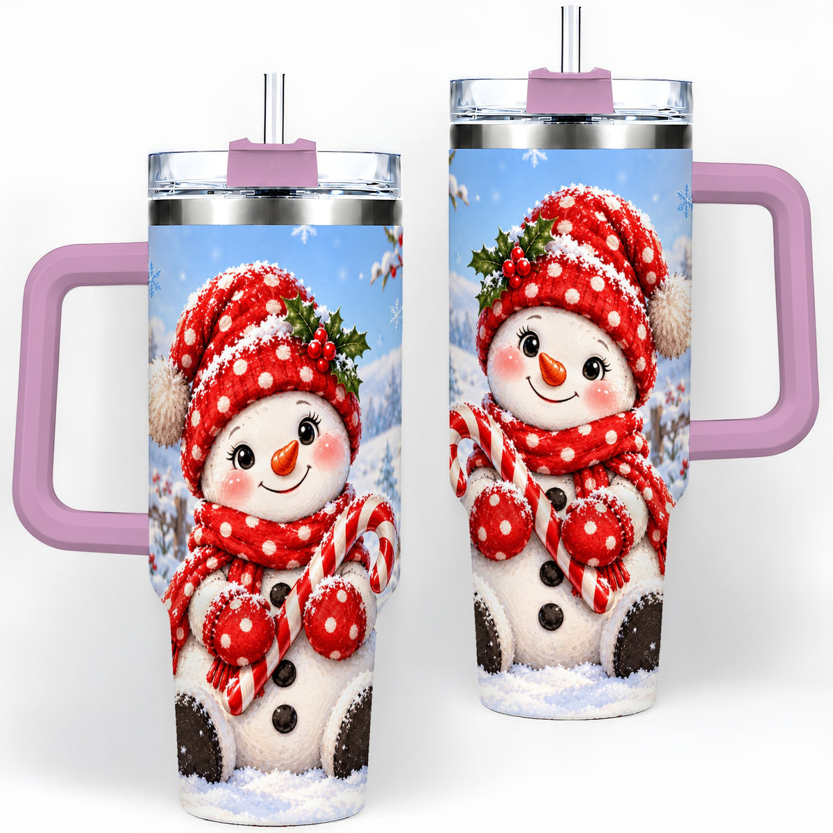 #pl[40oz|Pink] Cute Christmas Snowman 40oz Handled Tumbler, Red Polka Dot Holiday Art