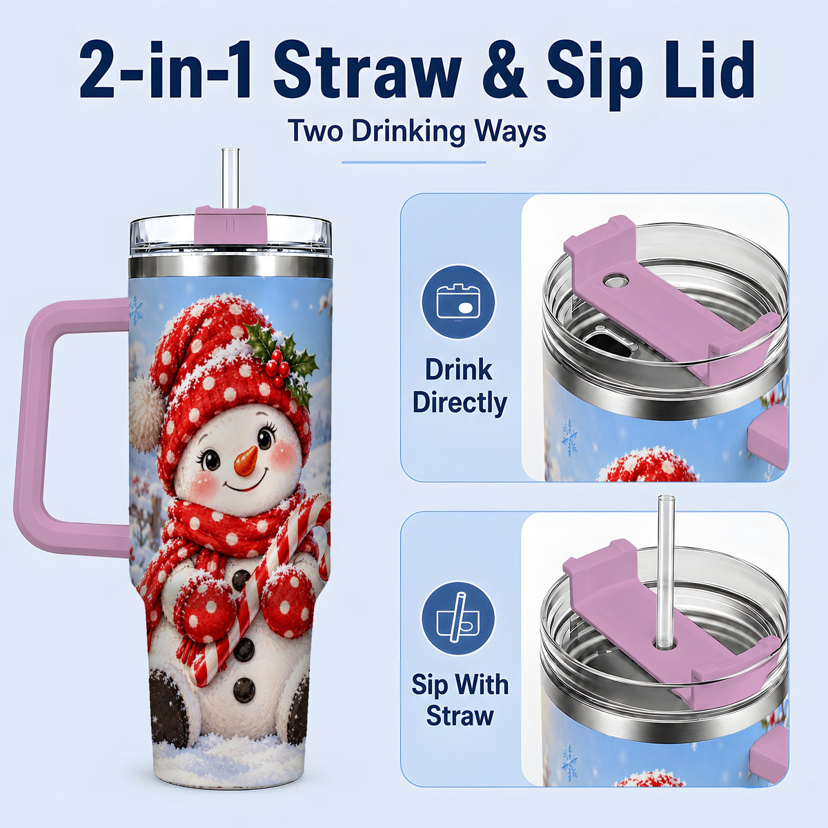 #pl[40oz|Pink] Cute Christmas Snowman 40oz Handled Tumbler, Red Polka Dot Holiday Art