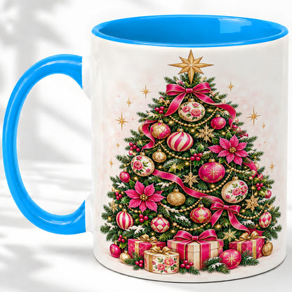 #pl[11oz|Blue] Pink Floral Christmas Tree Accent Mug, Ceramic Holiday Coffee Cup