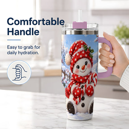 #pl[40oz|Pink] Cute Christmas Snowman 40oz Handled Tumbler, Red Polka Dot Holiday Art