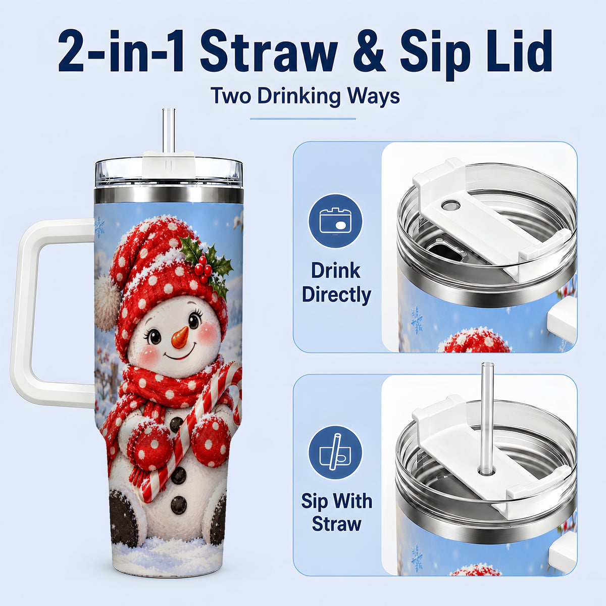 #pl[40oz|White] Cute Christmas Snowman 40oz Handled Tumbler, Red Polka Dot Holiday Art