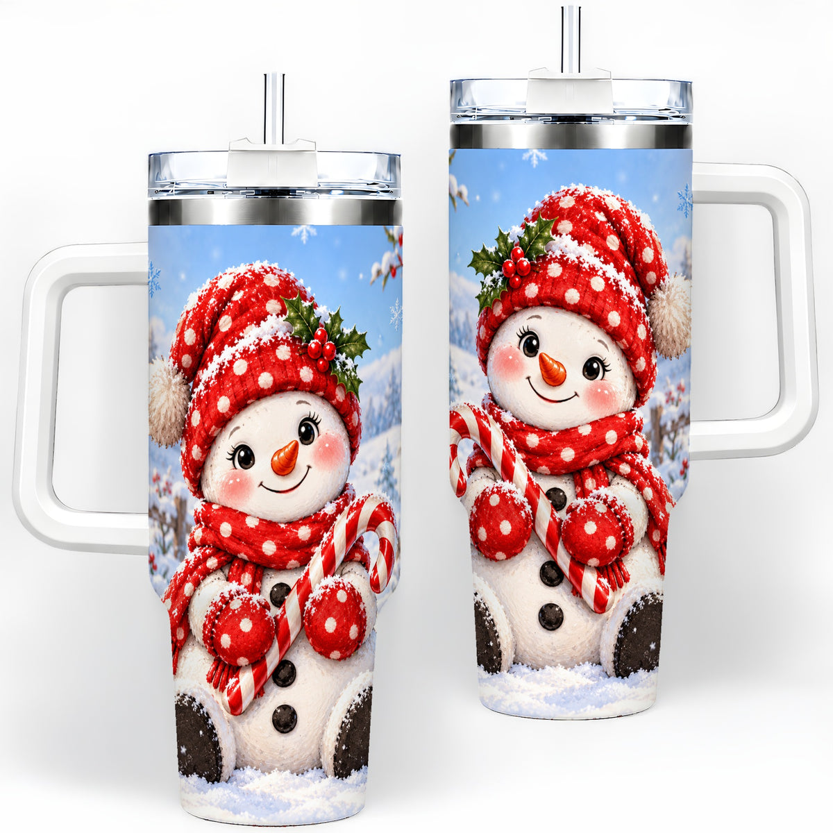Cute Christmas Snowman 40oz Handled Tumbler, Red Polka Dot Holiday Art