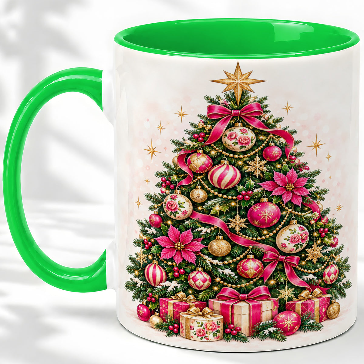 #pl[11oz|Green] Pink Floral Christmas Tree Accent Mug, Ceramic Holiday Coffee Cup