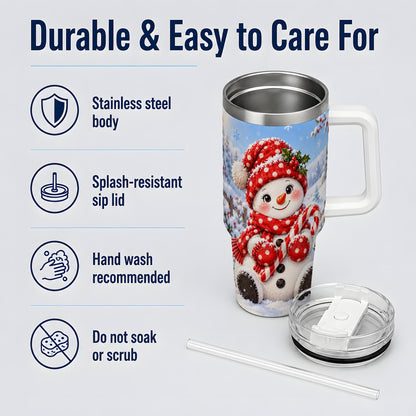 Cute Christmas Snowman 40oz Handled Tumbler, Red Polka Dot Holiday Art