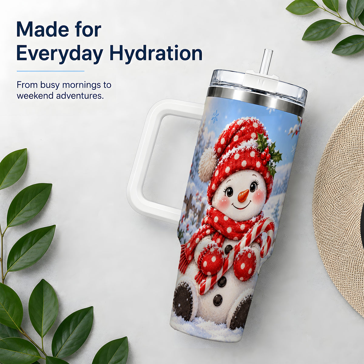 Cute Christmas Snowman 40oz Handled Tumbler, Red Polka Dot Holiday Art