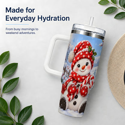 Cute Christmas Snowman 40oz Handled Tumbler, Red Polka Dot Holiday Art