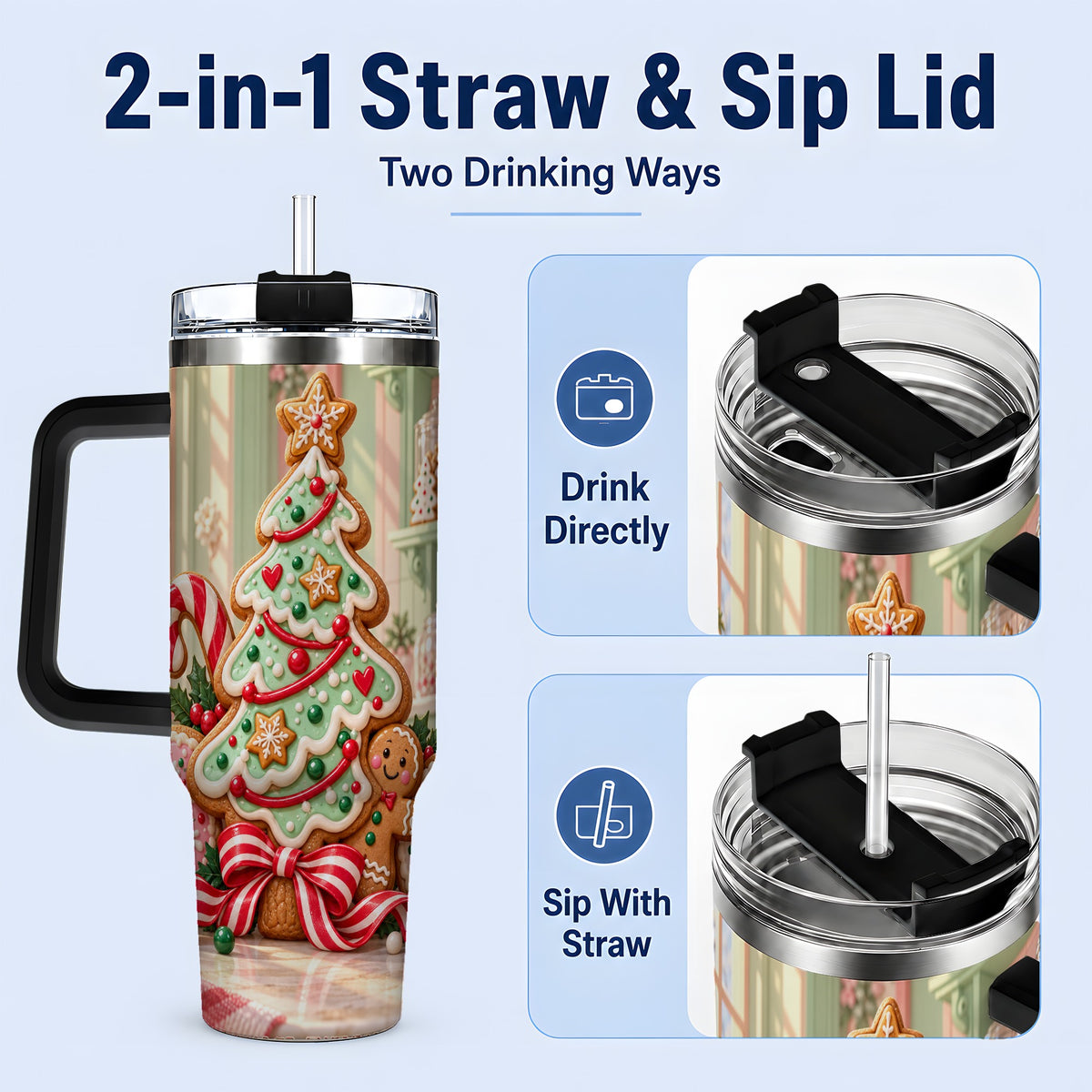 #pl[40oz|Black] Gingerbread Christmas Cookies 40oz Handled Tumbler, Holiday Cookie Tree