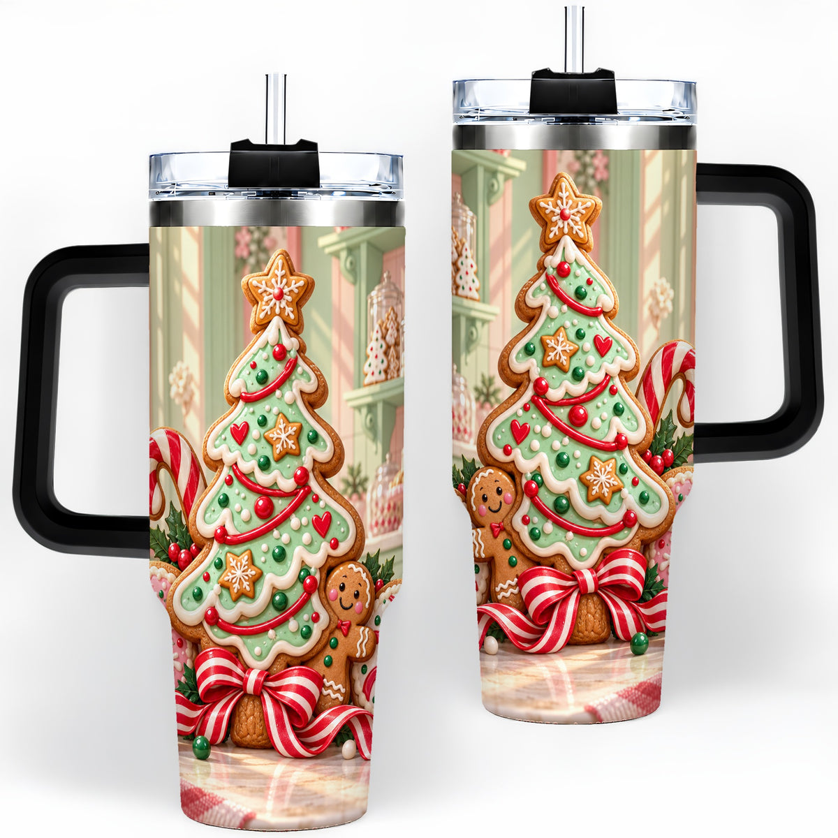 #pl[40oz|Black] Gingerbread Christmas Cookies 40oz Handled Tumbler, Holiday Cookie Tree