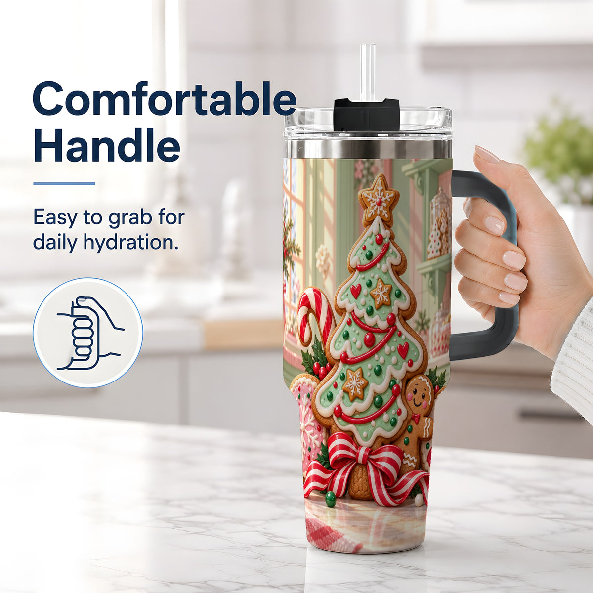 #pl[40oz|Black] Gingerbread Christmas Cookies 40oz Handled Tumbler, Holiday Cookie Tree
