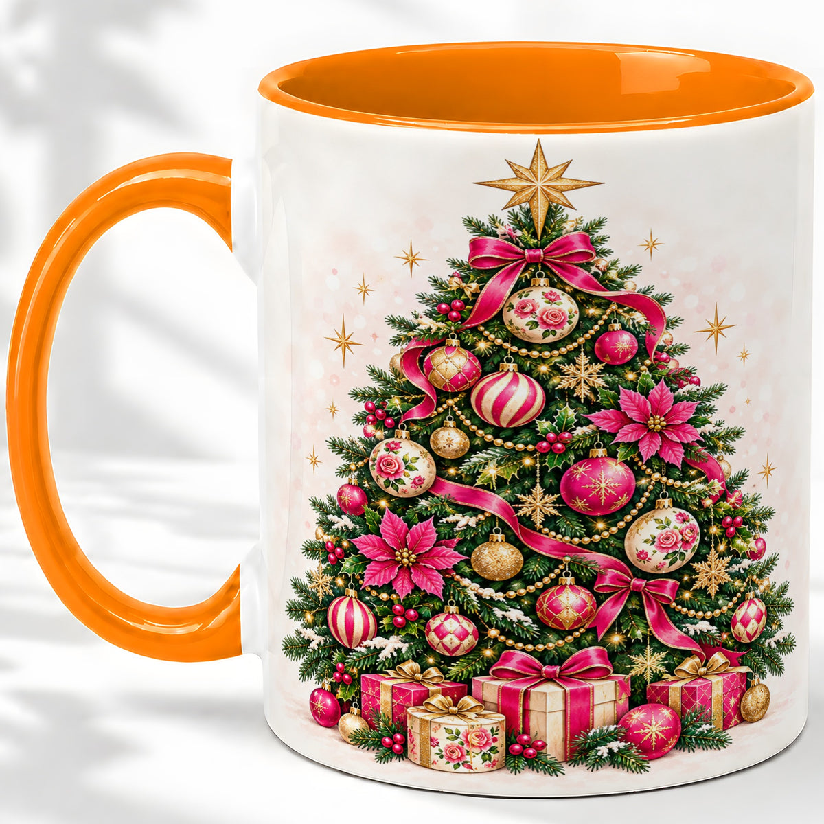 #pl[11oz|Orange] Pink Floral Christmas Tree Accent Mug, Ceramic Holiday Coffee Cup