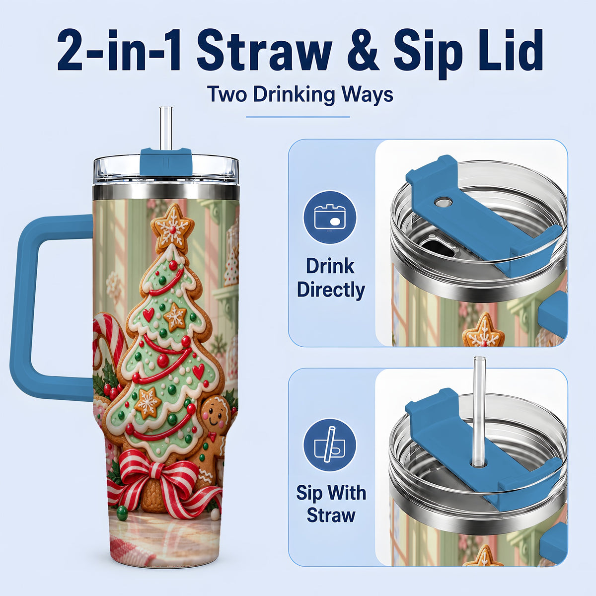 #pl[40oz|Blue] Gingerbread Christmas Cookies 40oz Handled Tumbler, Holiday Cookie Tree