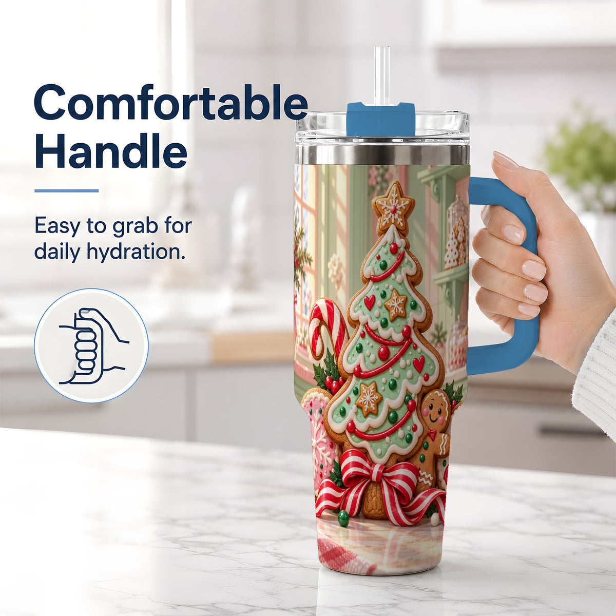 #pl[40oz|Blue] Gingerbread Christmas Cookies 40oz Handled Tumbler, Holiday Cookie Tree