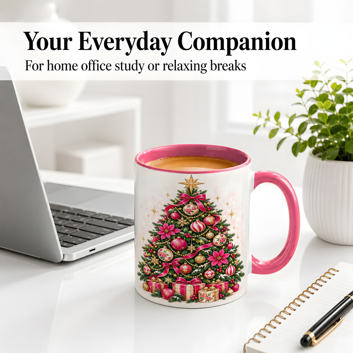 #pl[11oz|Pink] Pink Floral Christmas Tree Accent Mug, Ceramic Holiday Coffee Cup