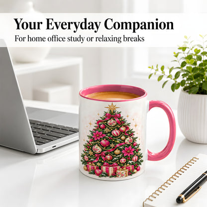 #pl[11oz|Pink] Pink Floral Christmas Tree Accent Mug, Ceramic Holiday Coffee Cup