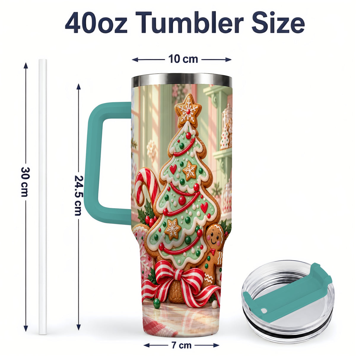 #pl[40oz|Green] Gingerbread Christmas Cookies 40oz Handled Tumbler, Holiday Cookie Tree