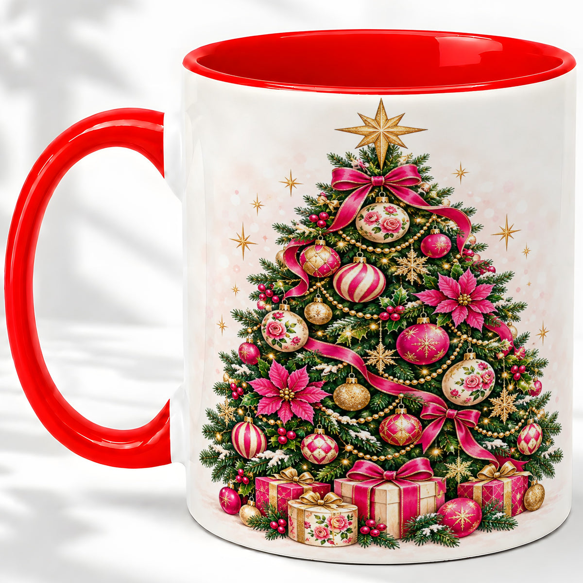 Pink Floral Christmas Tree Accent Mug, Ceramic Holiday Coffee Cup