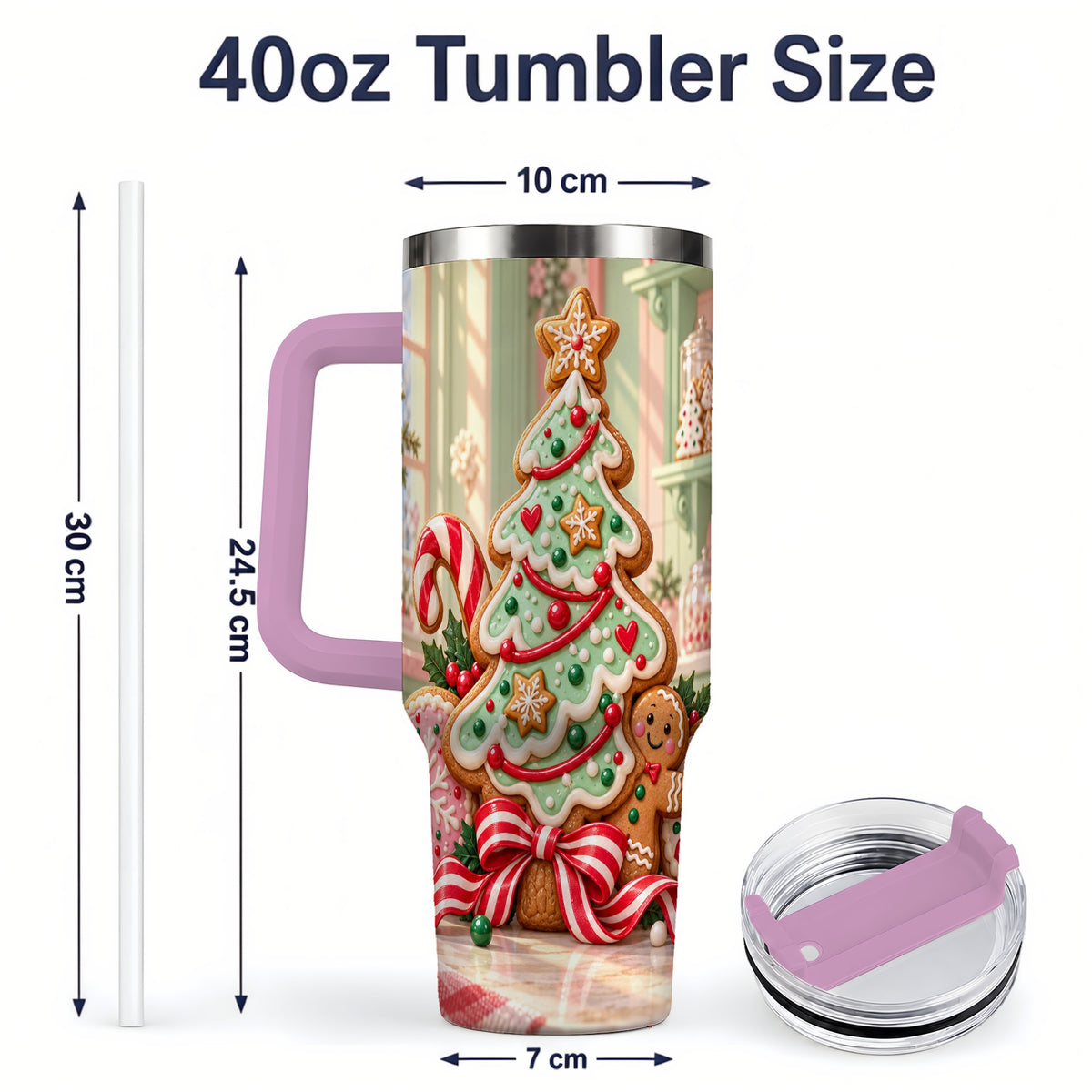 #pl[40oz|Pink] Gingerbread Christmas Cookies 40oz Handled Tumbler, Holiday Cookie Tree