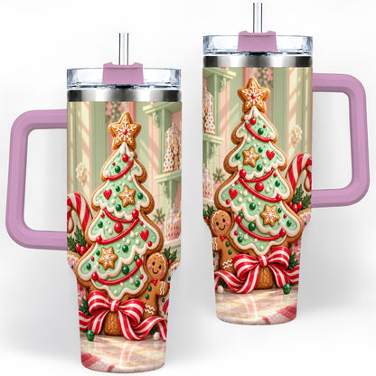 #pl[40oz|Pink] Gingerbread Christmas Cookies 40oz Handled Tumbler, Holiday Cookie Tree