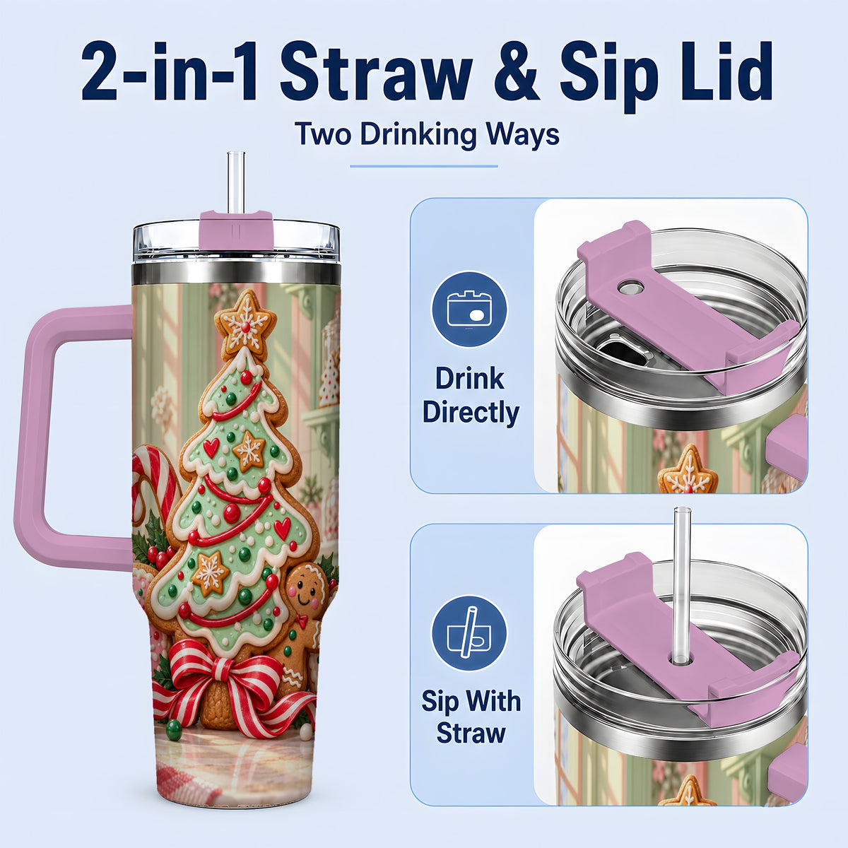 #pl[40oz|Pink] Gingerbread Christmas Cookies 40oz Handled Tumbler, Holiday Cookie Tree