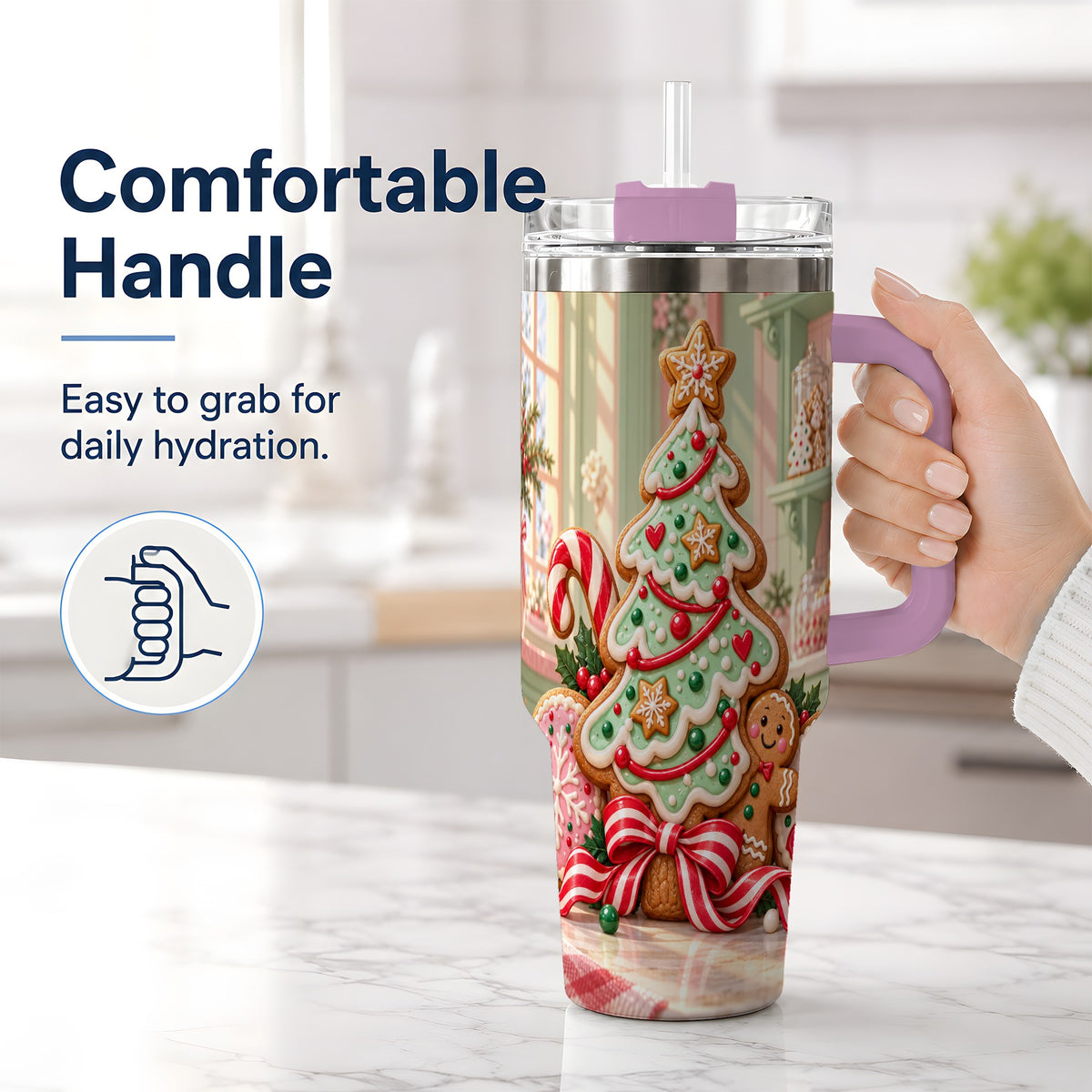 #pl[40oz|Pink] Gingerbread Christmas Cookies 40oz Handled Tumbler, Holiday Cookie Tree