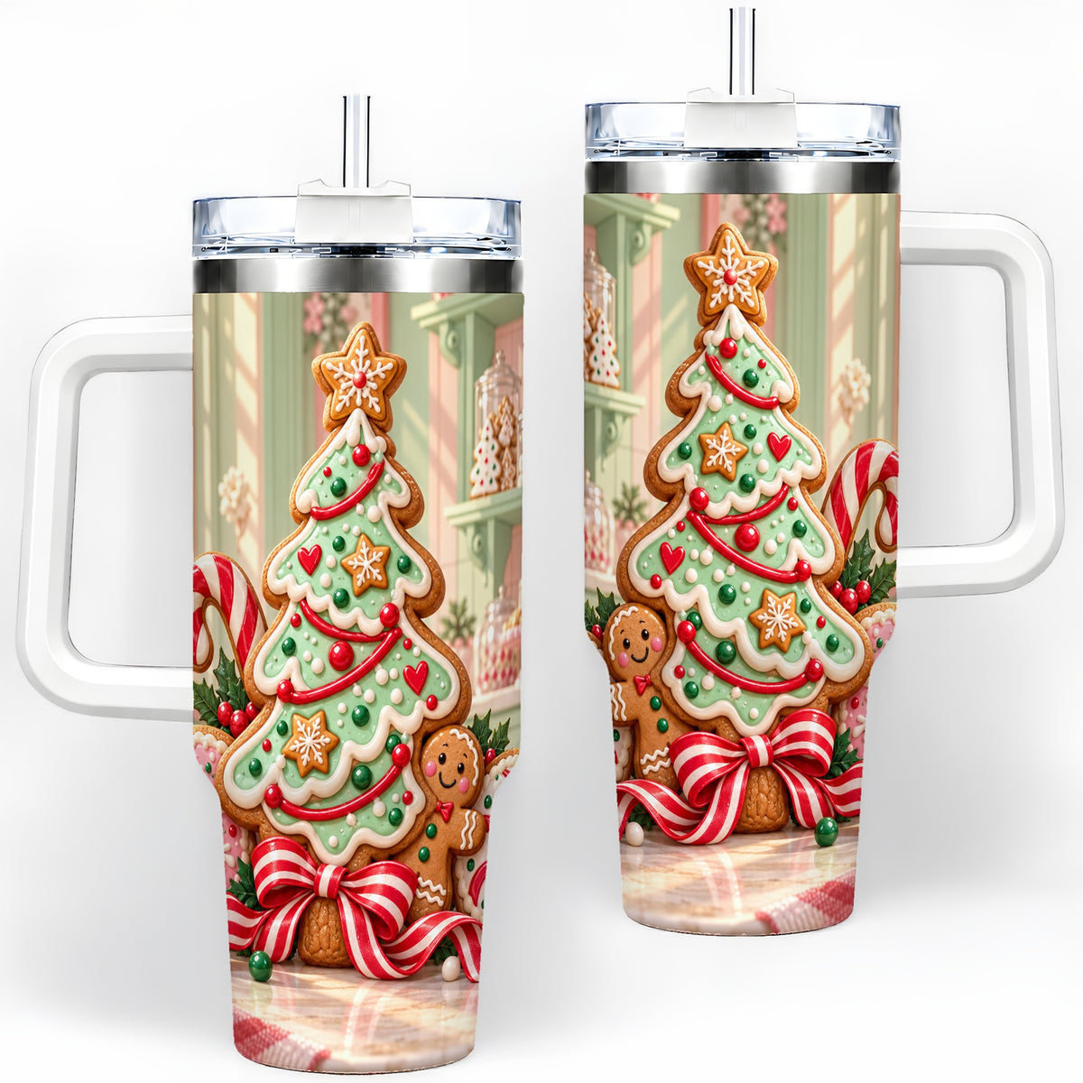 Gingerbread Christmas Cookies 40oz Handled Tumbler, Holiday Cookie Tree