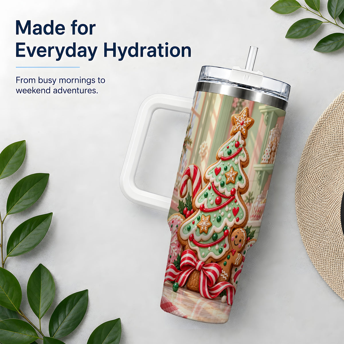 Gingerbread Christmas Cookies 40oz Handled Tumbler, Holiday Cookie Tree