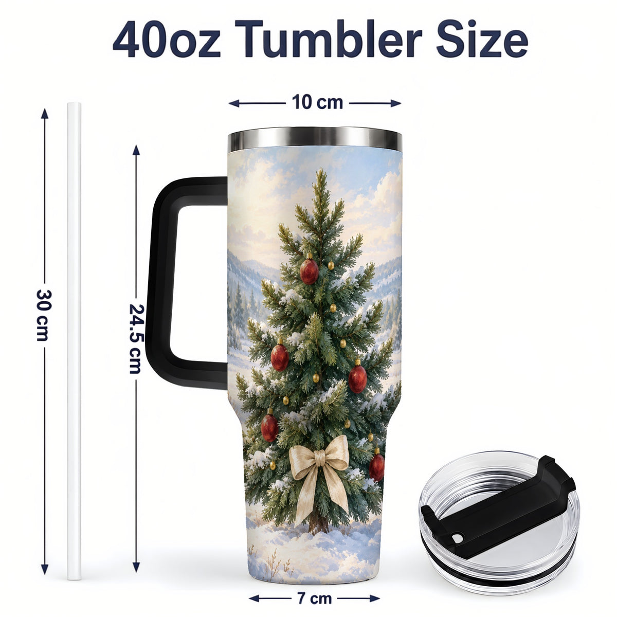 #pl[40oz|Black] Snowy Christmas Tree 40oz Handled Tumbler, Winter Landscape Artwork