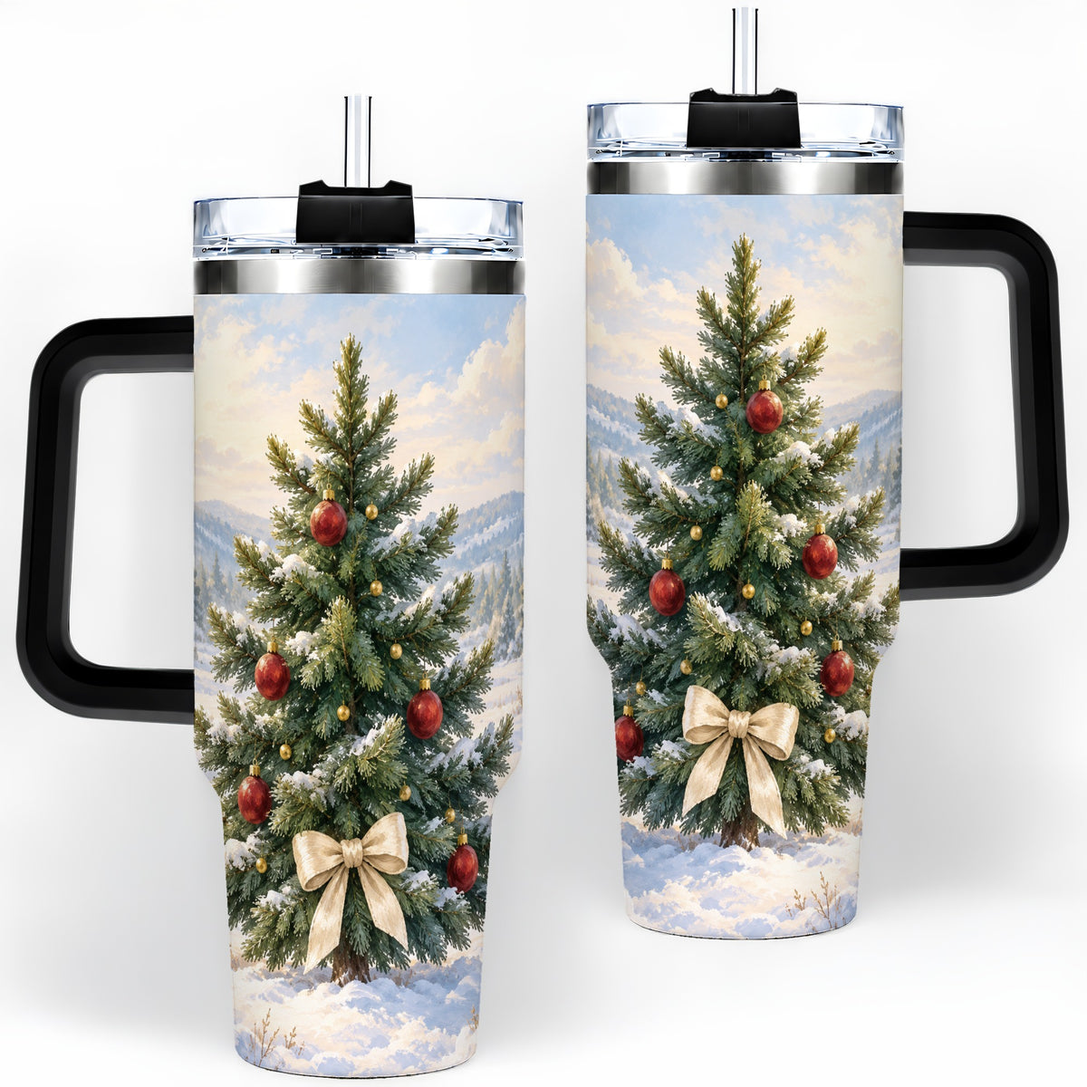 #pl[40oz|Black] Snowy Christmas Tree 40oz Handled Tumbler, Winter Landscape Artwork