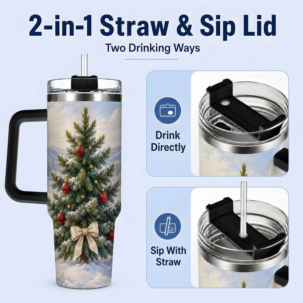 #pl[40oz|Black] Snowy Christmas Tree 40oz Handled Tumbler, Winter Landscape Artwork