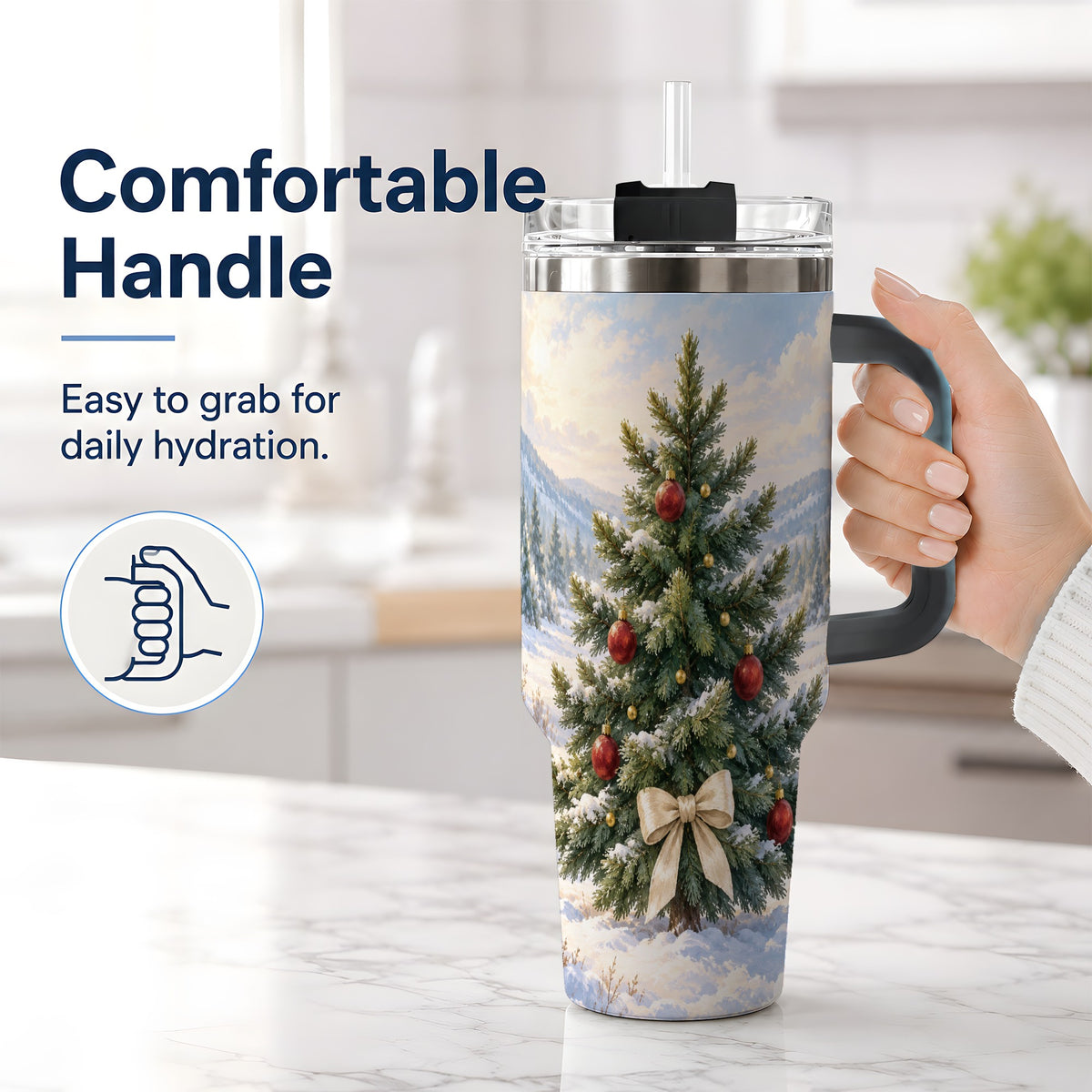 #pl[40oz|Black] Snowy Christmas Tree 40oz Handled Tumbler, Winter Landscape Artwork