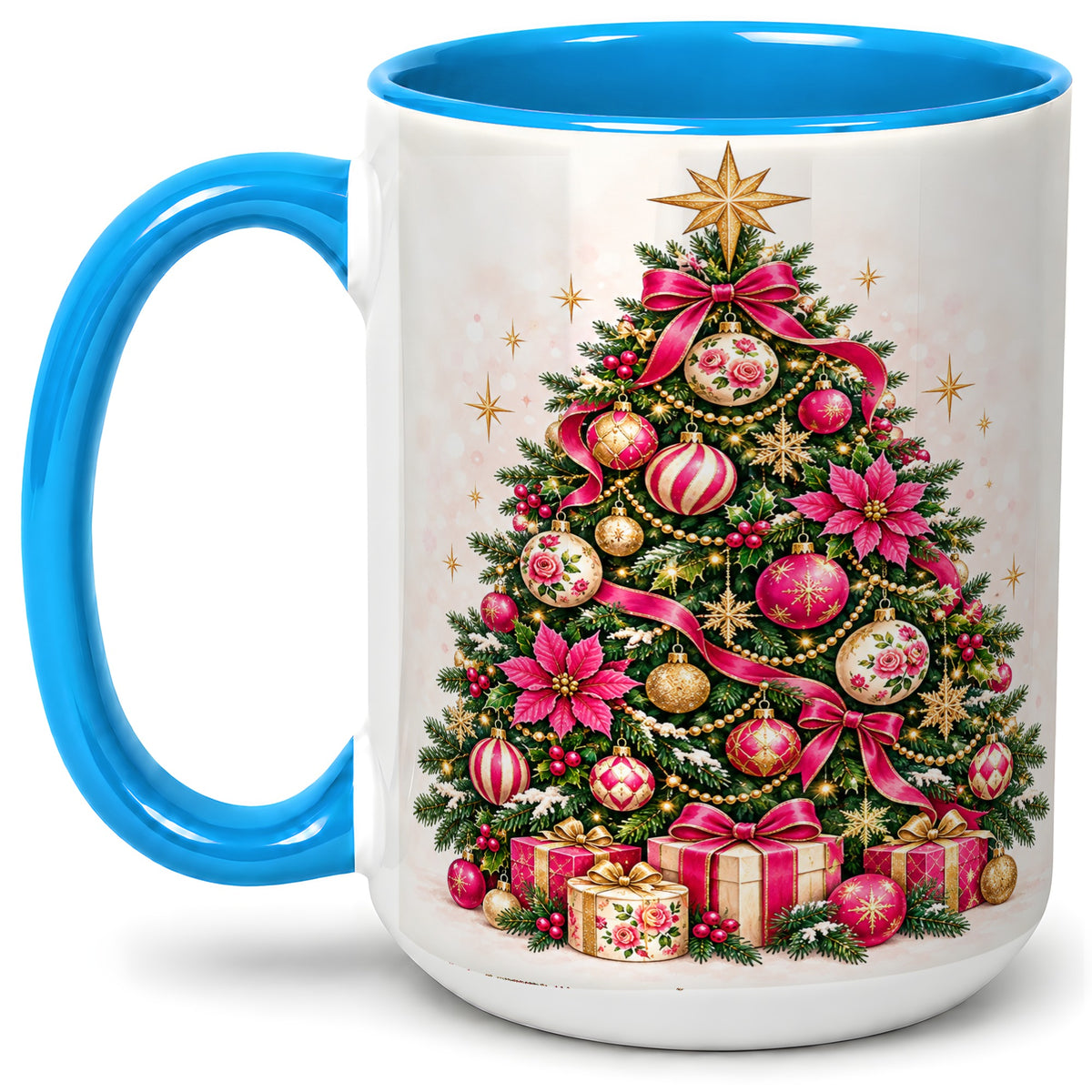 #pl[15oz|Blue] Pink Floral Christmas Tree Accent Mug, Ceramic Holiday Coffee Cup