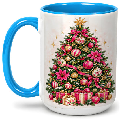 #pl[15oz|Blue] Pink Floral Christmas Tree Accent Mug, Ceramic Holiday Coffee Cup